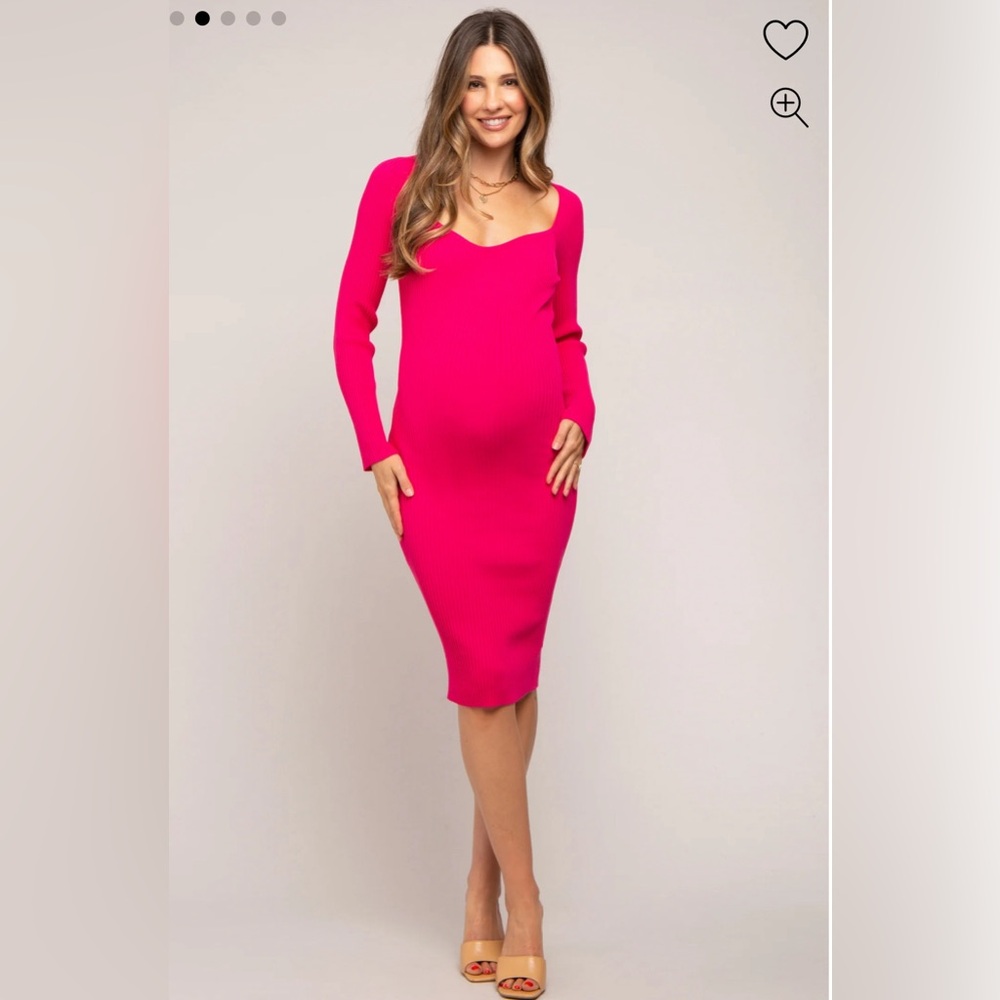 Fuchsia Ribbed Knit Fitted Long Sleeve Maternity Dress